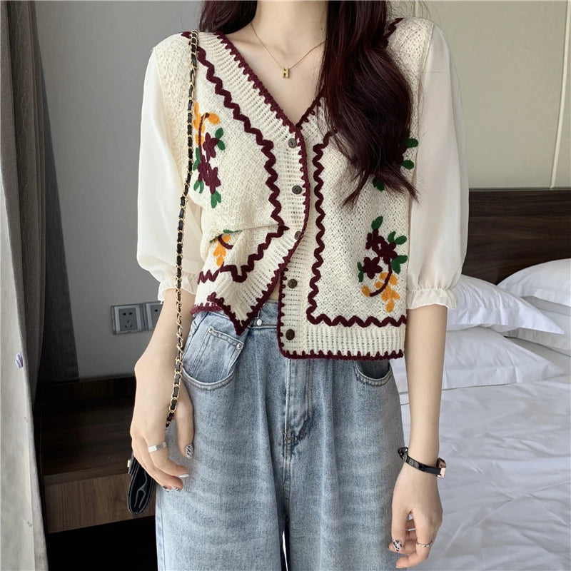 Flower Embroidery Crochet Blouse with Chiffon Sleeve Button Front Cardigan Top Women Spring Summer blouse