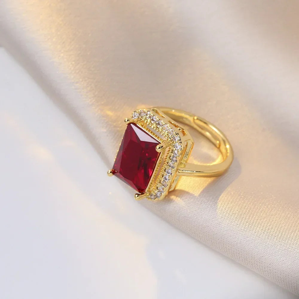 Luxury style Emerald Color Earring Necklace Rings Set For Woman Stainless Steel Zircon Rectangle Pendant Necklace