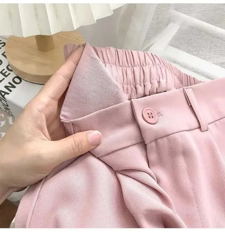 Elastic High Waist Suit Women Pants, Casual Loose Straight Black Office Ladies Trouser