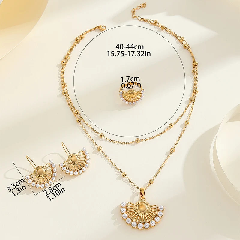 Obega Half Hollow Out Round Pearl Jewelry Sets Gold Plated Earrings Ring Ladies Natural Pearl Inlaid Necklace Set