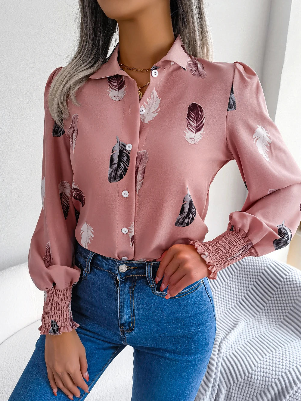 Women Casual Feather Print Collar Long Sleeve Shirt
