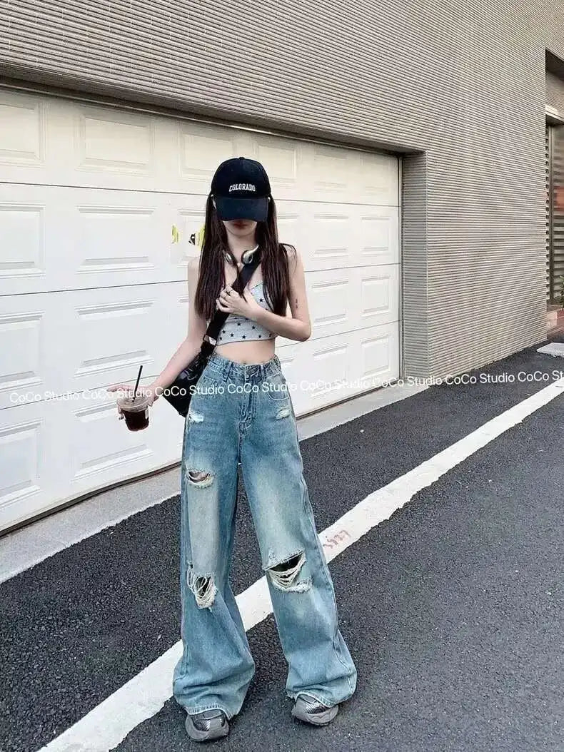 Vintage Pants, Jeans, Women's Torn Wide Leg Pants, Summer High Waist, Loose Fitting Long Pants, Women's Jeans