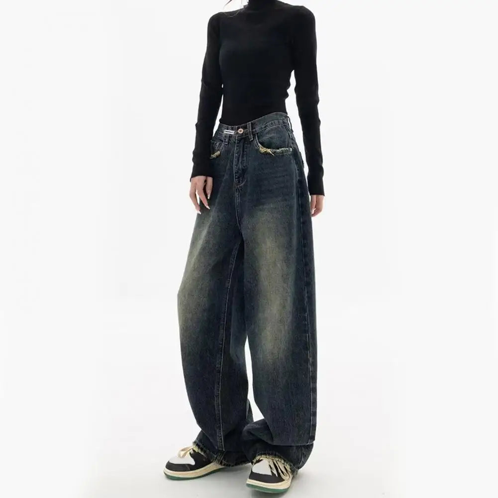 Wide Leg, Floor Length Loose Denim High Waist Vintage Hip Hop Streetwear Women Jeans