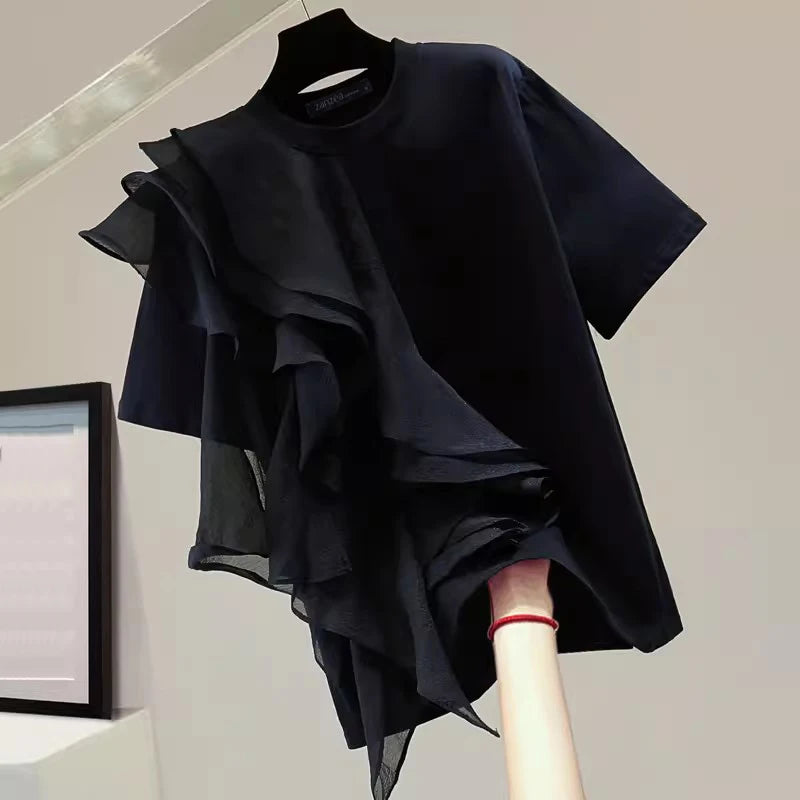 Women Ruffled Stitching Blouse Fashion Holiday O-neck Tops Summer Short Sleeve