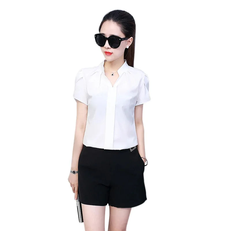 Women Office Ladies Chiffon White Shirt Short Sleeve elegant Tops Casual Clothing
