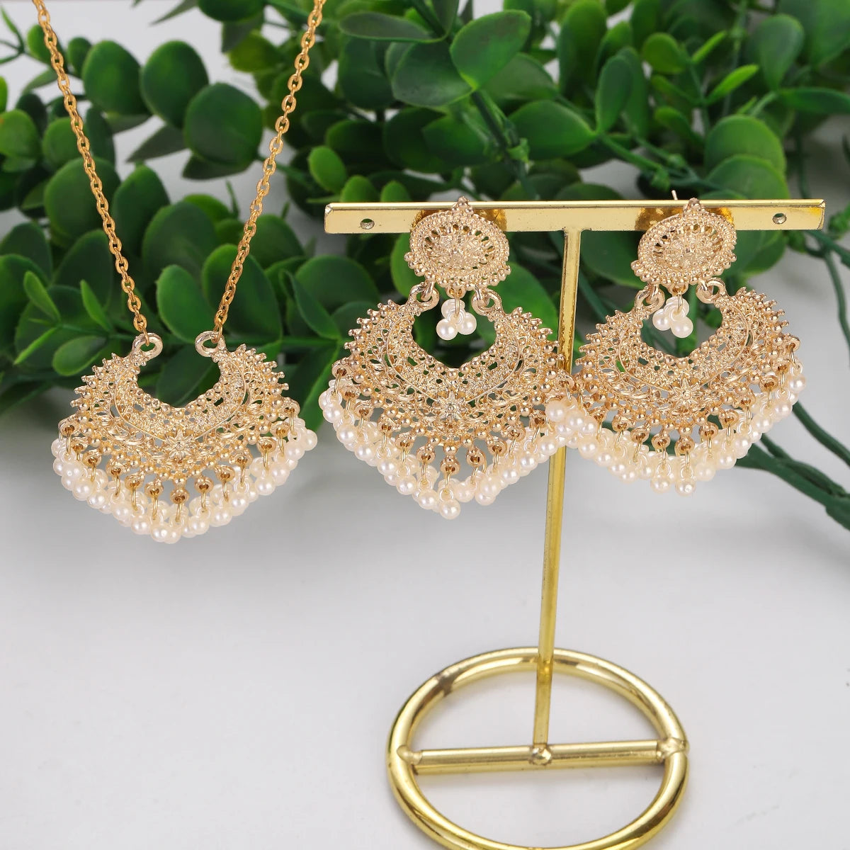 Jewelry Set for Women Retro Gold Plated Round Beads Tassel Earring Necklace Sets