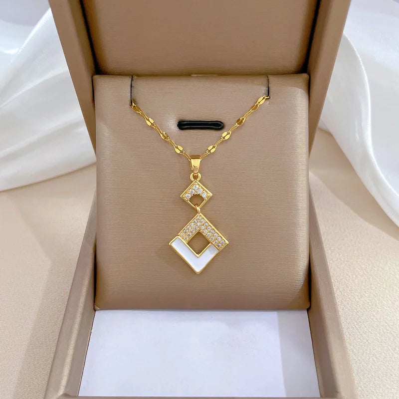 Stainless Steel Austrian Crystal Enamel Square Pendant Jewelry Sets Women