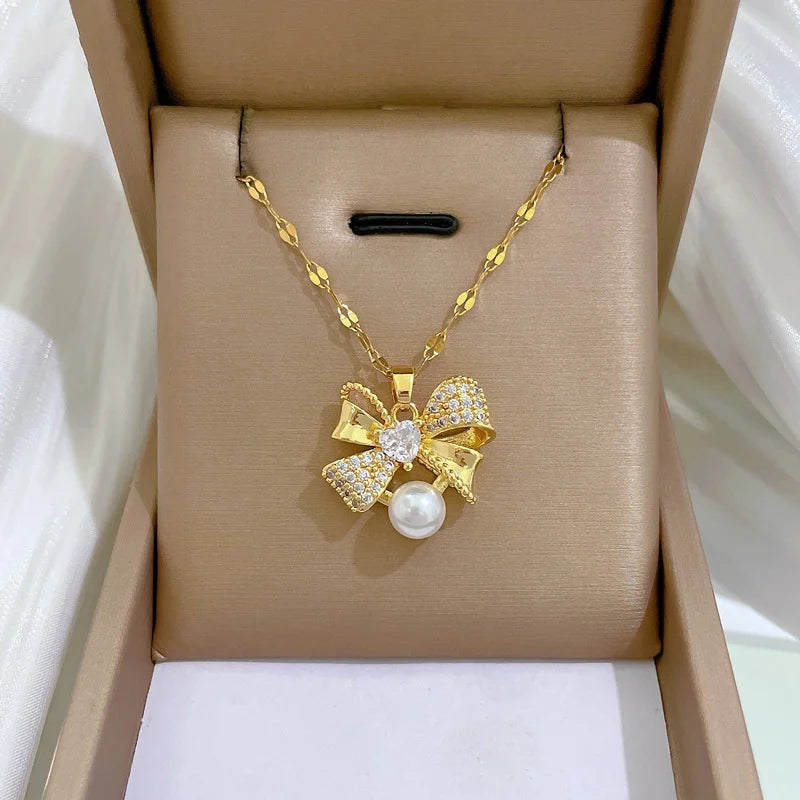 Classic Stainless Steel Gorgeous Pearl Bow Necklace Earrings Fashionable and Exquisite Accessories