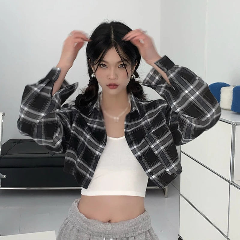 Checkered Women's Long Sleeve Vintage Casual Lapel Turn-down Collar Plaid Classic Single Breasted Tops