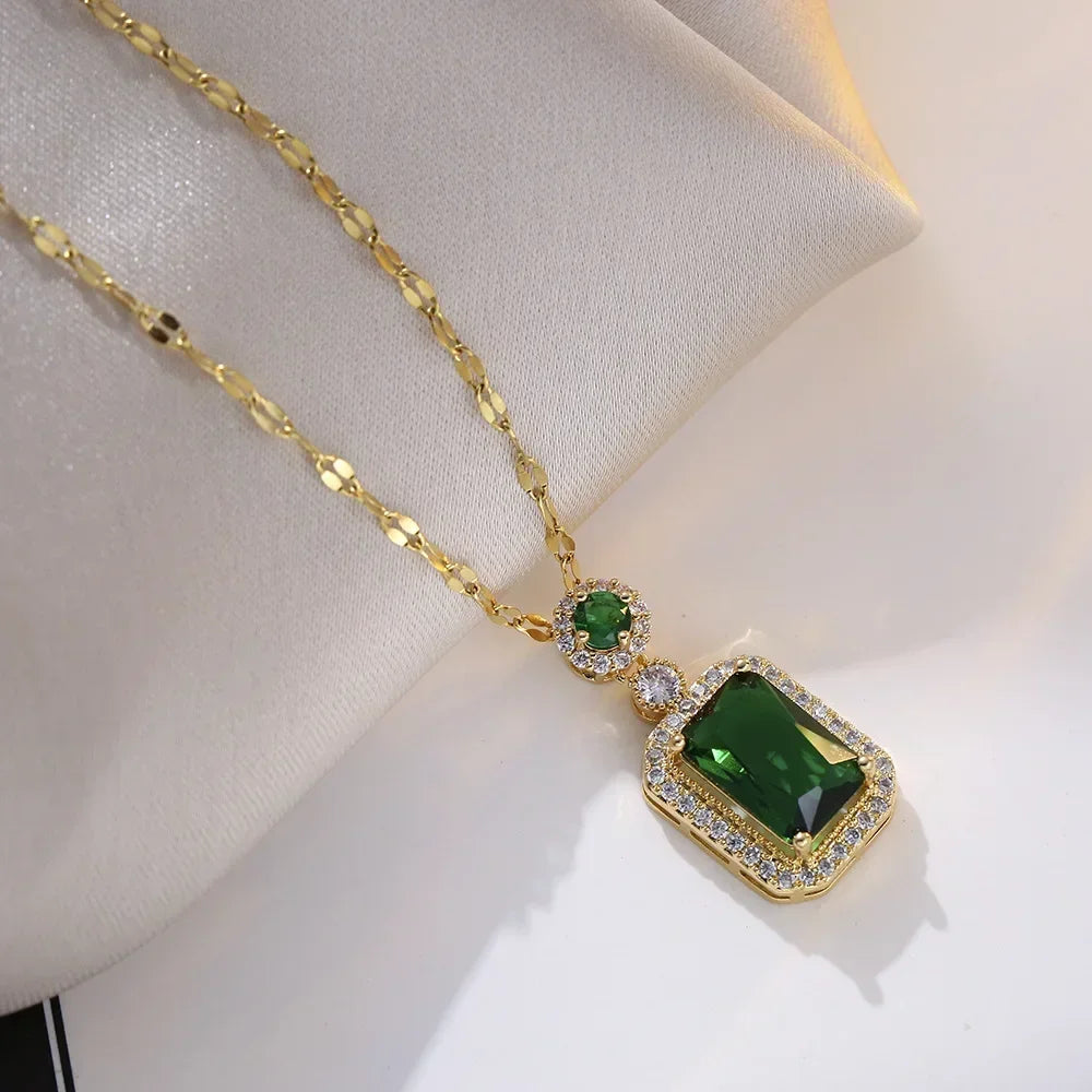 Luxury style Emerald Color Earring Necklace Rings Set For Woman Stainless Steel Zircon Rectangle Pendant Necklace