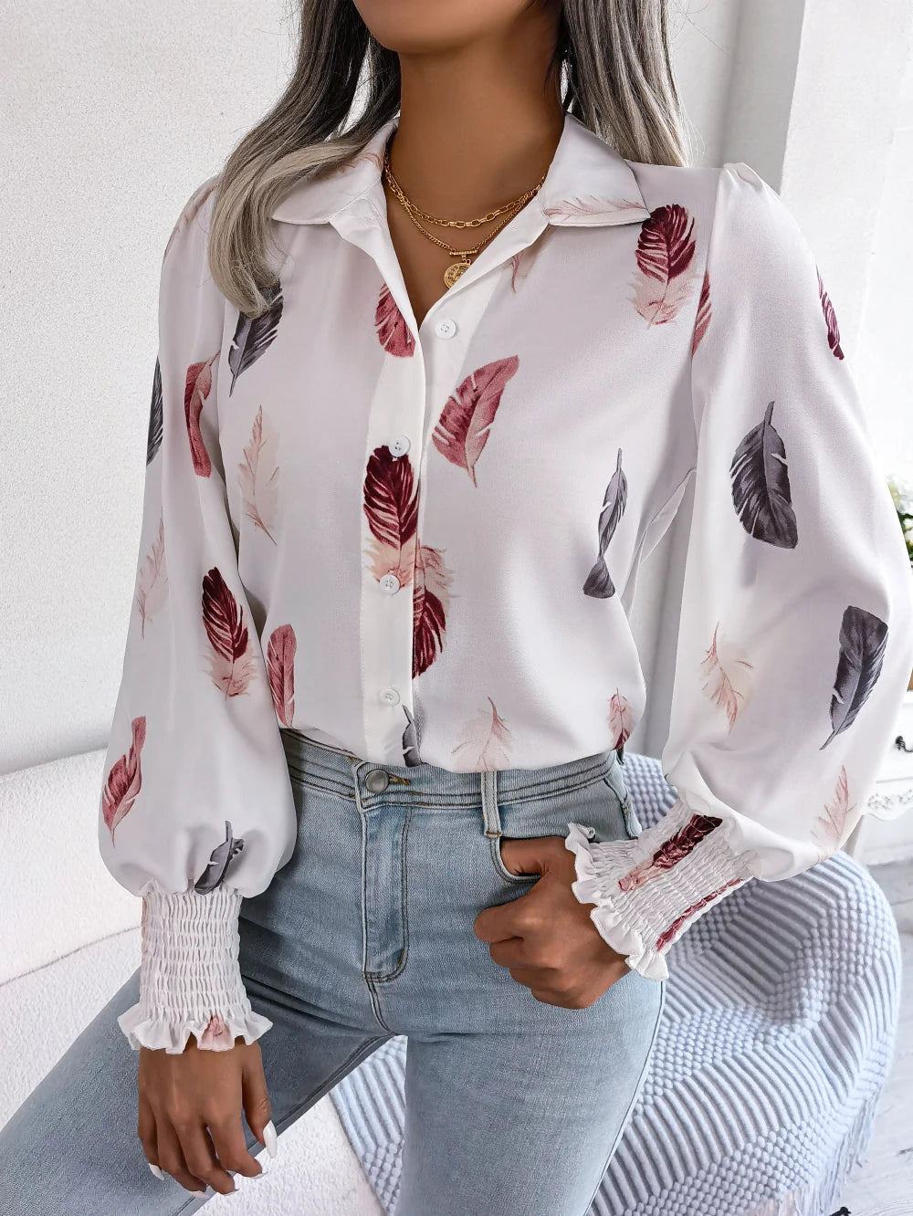Women Casual Feather Print Collar Long Sleeve Shirt