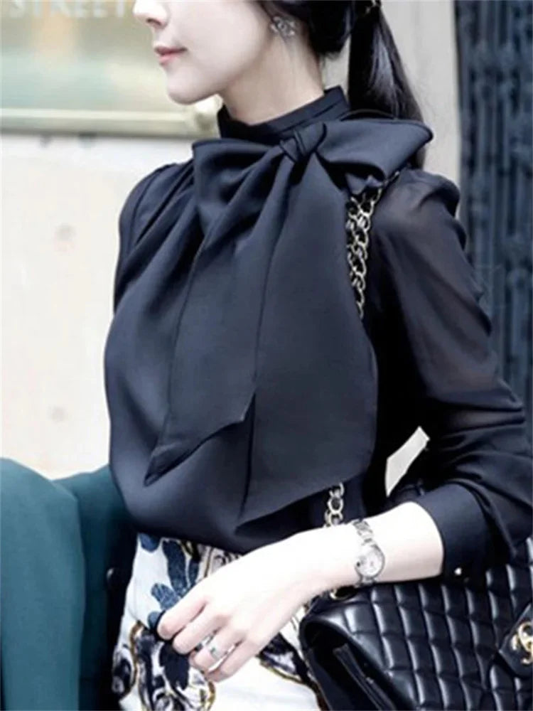 Women Chiffon Blouses Shirts Lady Casual Long Sleeve White Black Bow Tie Collar top