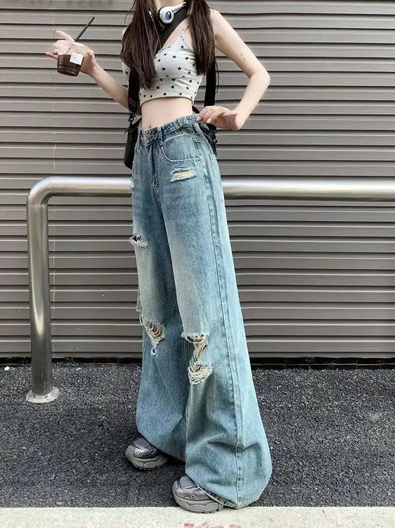 Vintage Pants, Jeans, Women's Torn Wide Leg Pants, Summer High Waist, Loose Fitting Long Pants, Women's Jeans