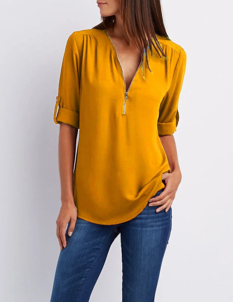 Women Cool Loose Shirt Deep V Neck Chiffon Fashion Zipper Pullover Blouse