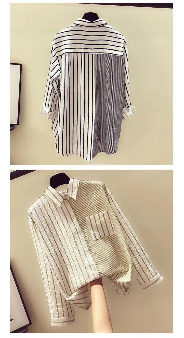 Korean Summer Trendy Women's Shirt Loose Casual Striped Patchwork Shirts Pocket Office Lady Sweet Women's Top