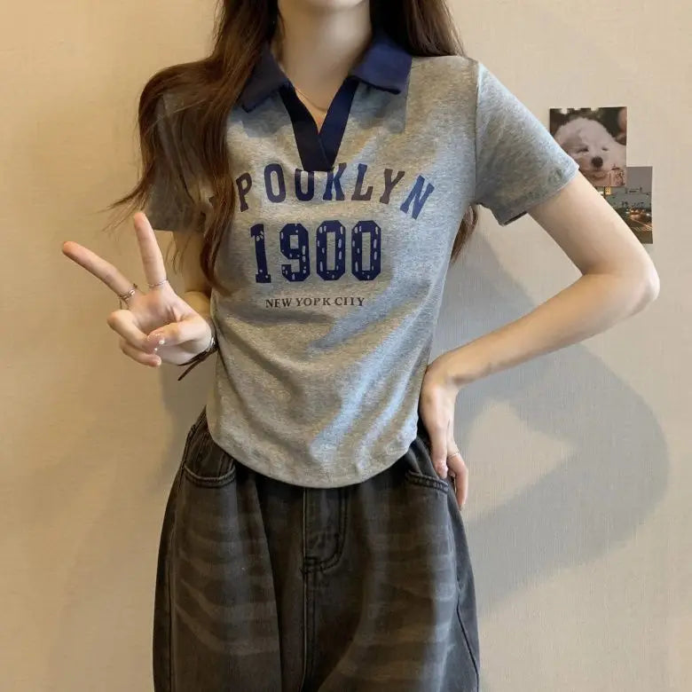Women Summer Korean Fashion Letter Printing Slim Polo Collar Short Sleeve T-Shirt Simplicity Office Lady All-match Casual Tops