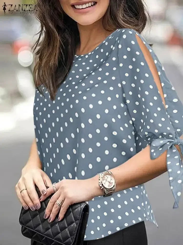 Woman Casual Polka Dots Printed Blouse Fashion Holiday Shirt Half Sleeve O-Neck Tunic Tops