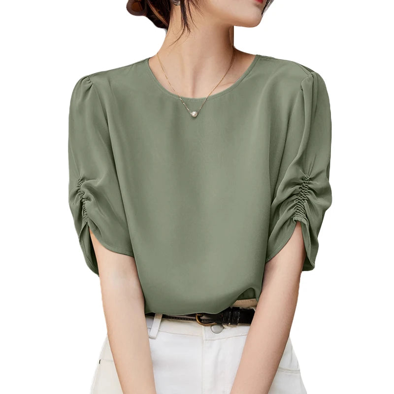 Solid Casual Office Work Tops Fashion Summer Short Sleeve Elegant Loose Blouse