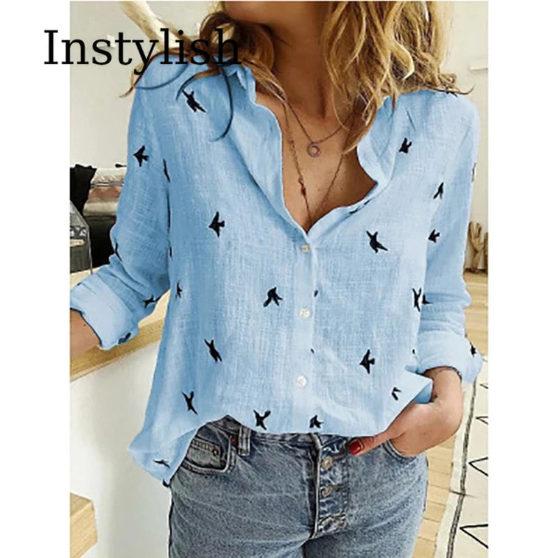Elegant Cotton Linen Shirts Women Casual Solid Button Lapel Blouses Shirts Autumn Winter Long Sleeve Loose Tops