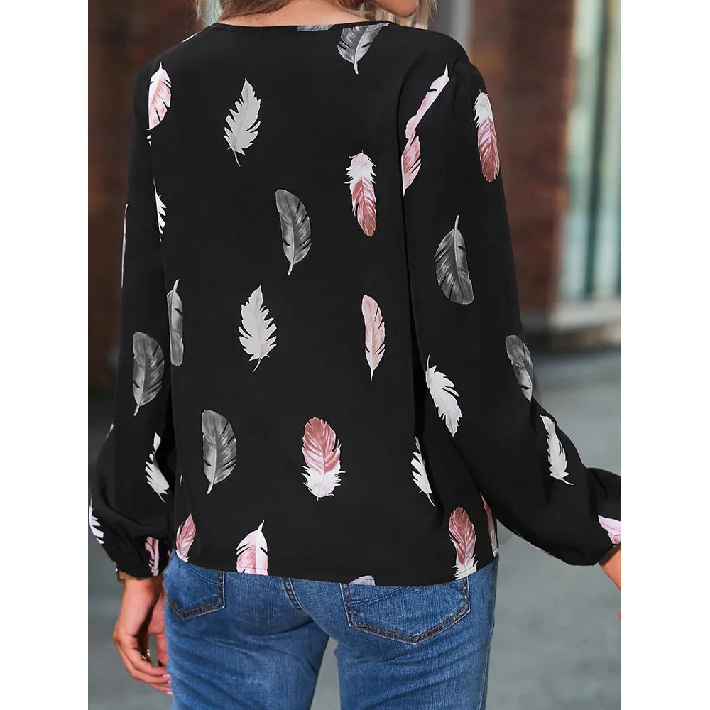 Fashion Woman long Sleeve Feather Pattern, Ladies Elegant Chiffon Tops