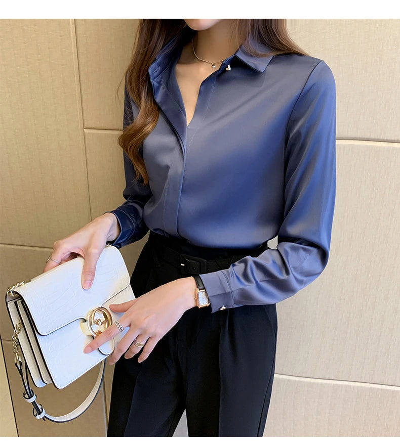 Satin Women Shirt Vintage Long Sleeve Blouse Women Silk Elegant Womens Tops