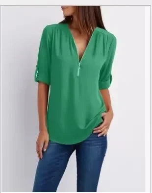 Women Cool Loose Shirt Deep V Neck Chiffon Fashion Zipper Pullover Blouse