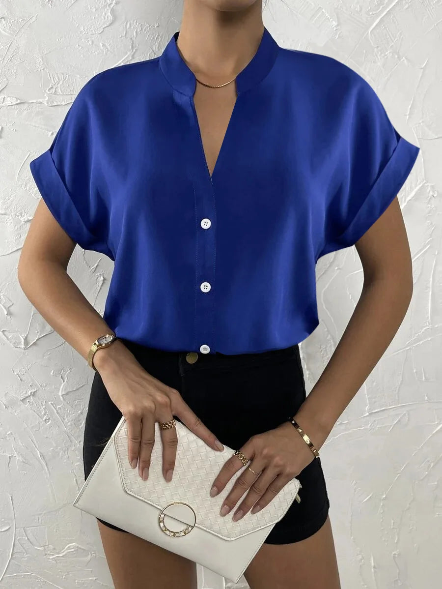 Women Solid Folds PU Leather Button Turn Down Collar Bodycon Working Blouse