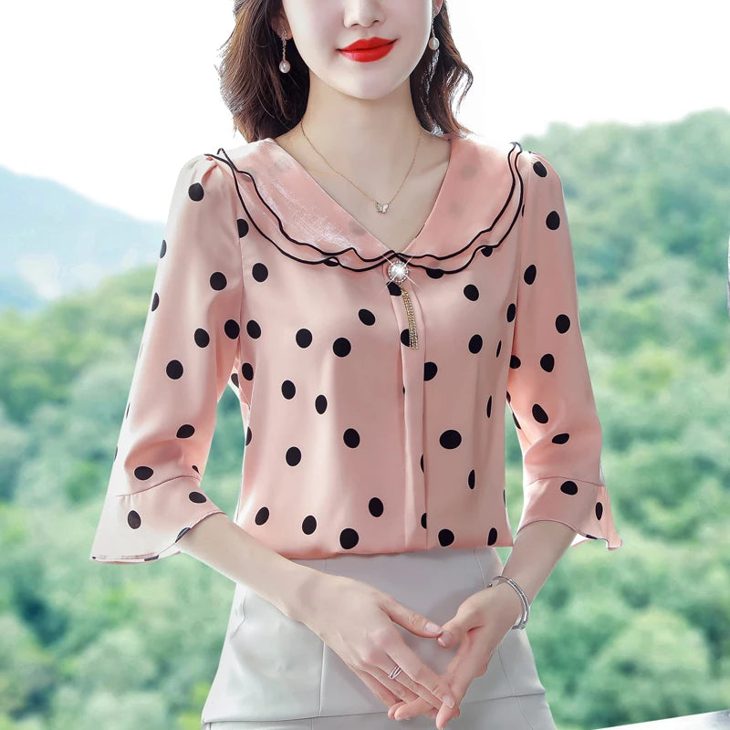 Women Spring Summer Blouses Fashion Casual Half Sleeve Ruffles Collar Polka Dots Tops