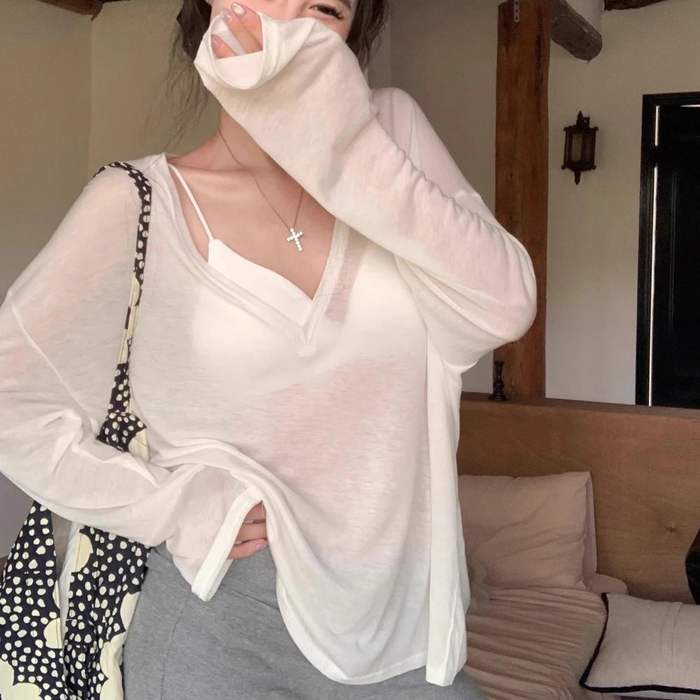 Women's V-Neck Long Sleeve T-Shirt Thin Perspective Summer Loose Fit Casual Top Korean Base Sun Protection Cover Up Top