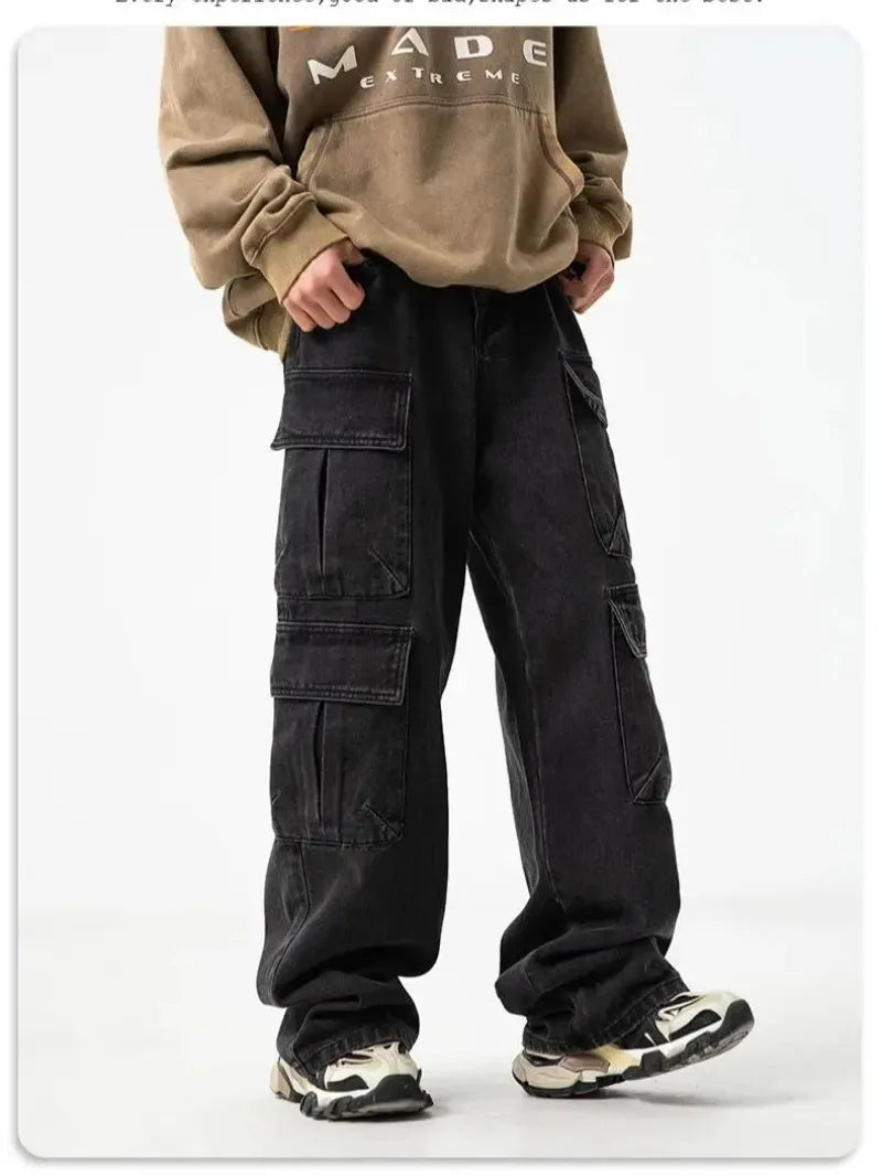 Multi-pocket Workwear Design Jeans Men's Old Washed Retro Japanese Korean Casual Pants