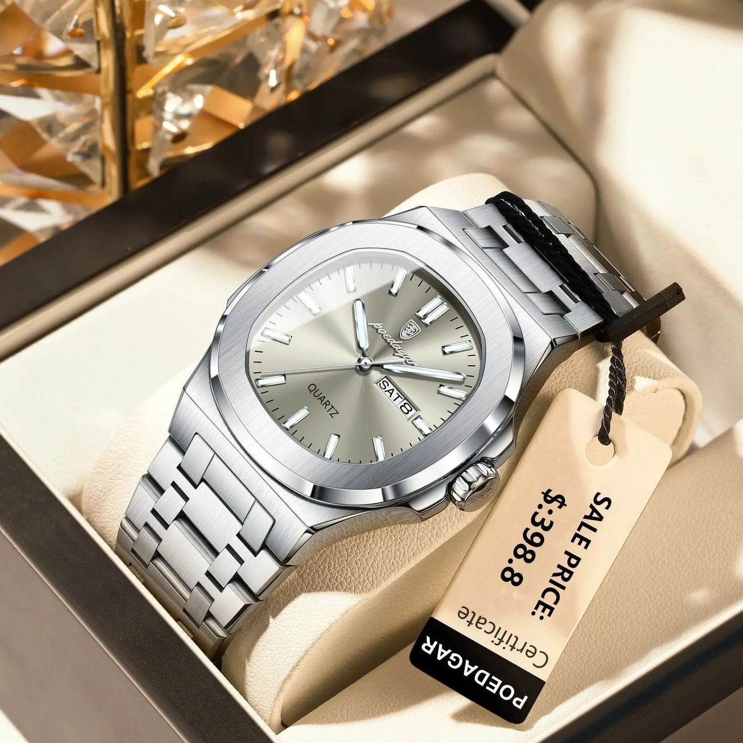 Military Men's Watch Square Waterproof Luminous Date Week Men Watch Stainless Steel Quartz Men's Watches Reloj+box