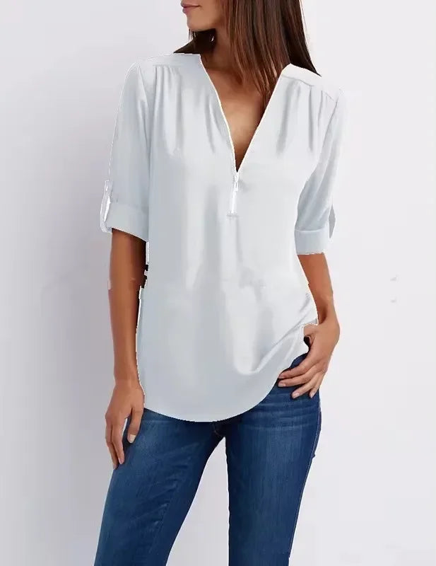 Women Cool Loose Shirt Deep V Neck Chiffon Fashion Zipper Pullover Blouse