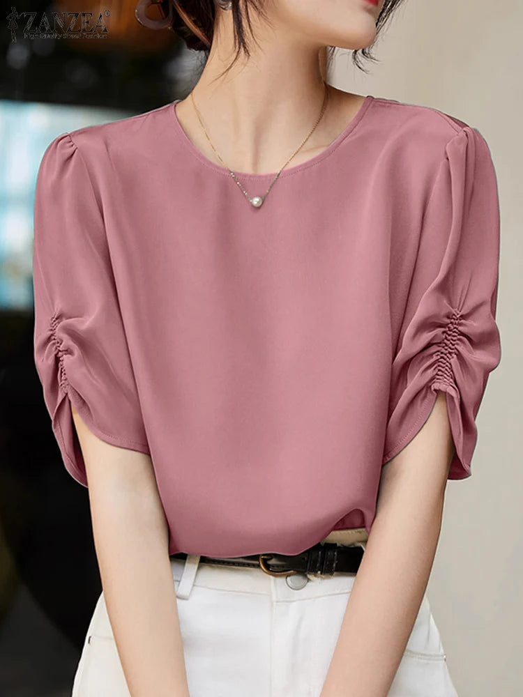 Solid Casual Office Work Tops Fashion Summer Short Sleeve Elegant Loose Blouse