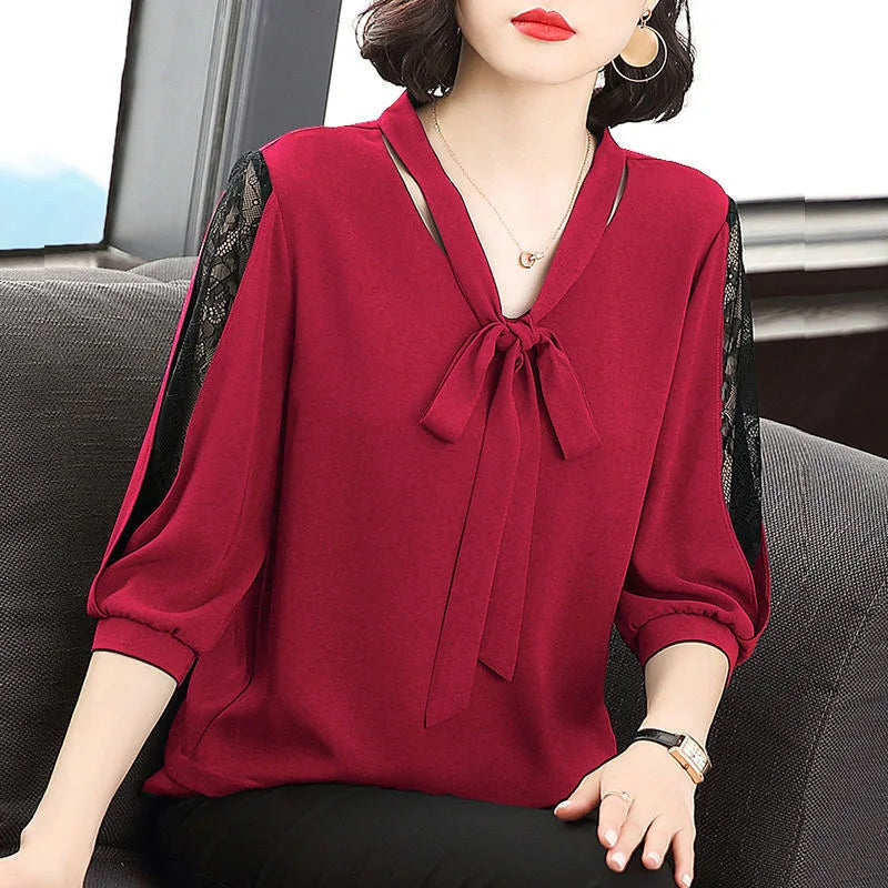 Women Casual Bow Tie Collar Half Lace Sleeve Loose Blouse