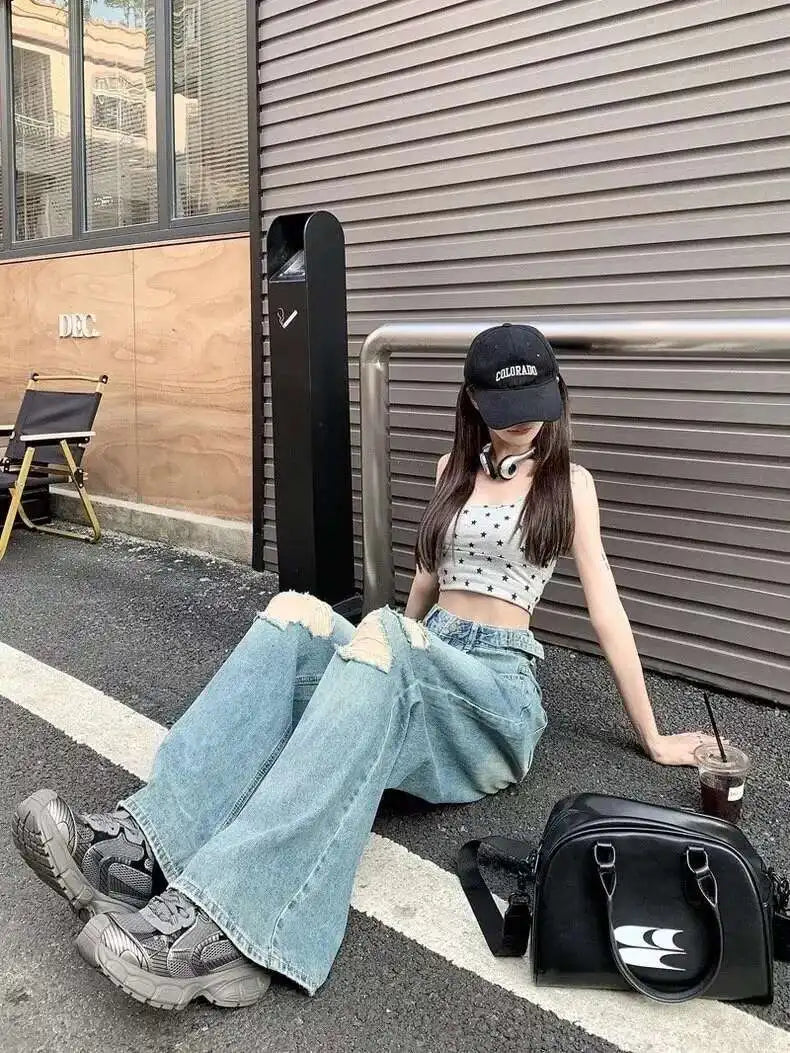 Vintage Pants, Jeans, Women's Torn Wide Leg Pants, Summer High Waist, Loose Fitting Long Pants, Women's Jeans