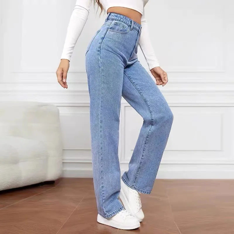 Women's High Waist Stretch Washed Denim Straight Jeans