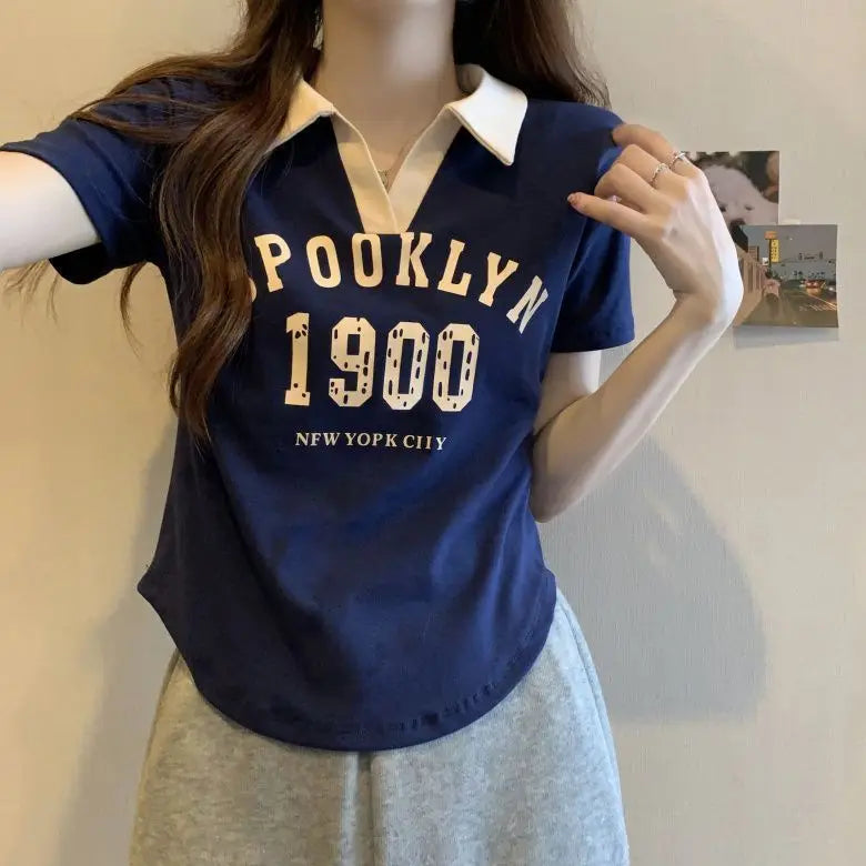 Women Summer Korean Fashion Letter Printing Slim Polo Collar Short Sleeve T-Shirt Simplicity Office Lady All-match Casual Tops