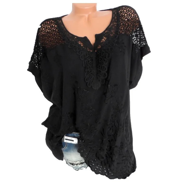 Loose Short-Sleeved Lace Women Blouses Cotton Blouses Summer V-neck White Shirt