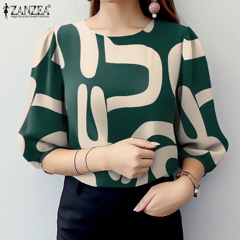 Elegant Office Work Blouses Stylish Spring O Neck 3/4 Sleeve Printed Retro Holiday Blouse