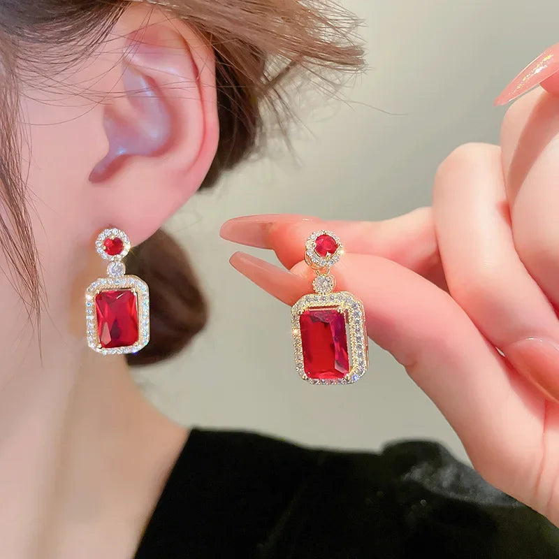 Luxury style Emerald Color Earring Necklace Rings Set For Woman Stainless Steel Zircon Rectangle Pendant Necklace