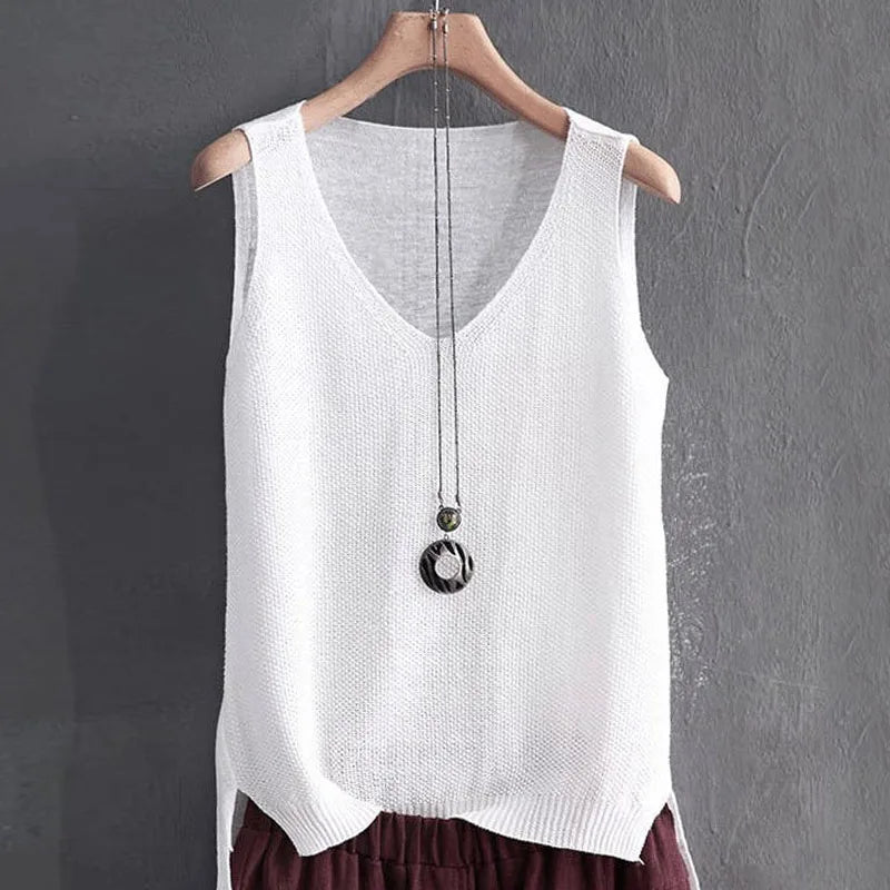Women Summer Sleeveless Knitted Blouse Shirt Women Clothes V-neck Tops