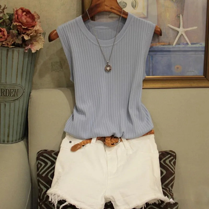 Summer Fashion Knitted Vests O-neck Sleeveless Casual Thin Tops Sleeveless Women Blouse
