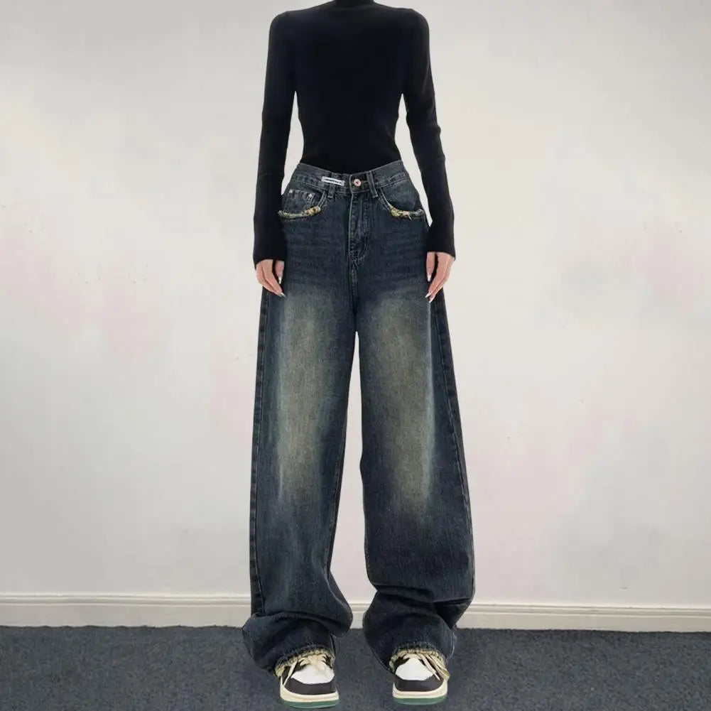 Wide Leg, Floor Length Loose Denim High Waist Vintage Hip Hop Streetwear Women Jeans