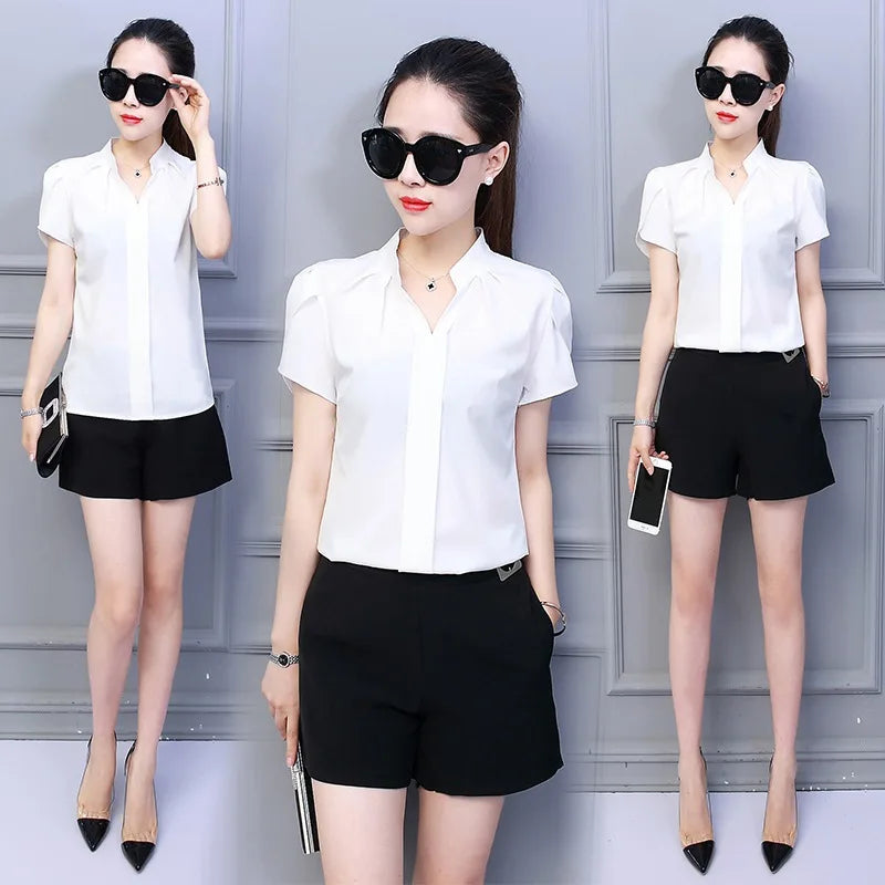 Women Office Ladies Chiffon White Shirt Short Sleeve elegant Tops Casual Clothing