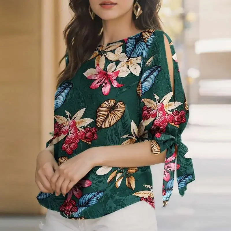 Woman Casual Polka Dots Printed Blouse Fashion Holiday Shirt Half Sleeve O-Neck Tunic Tops