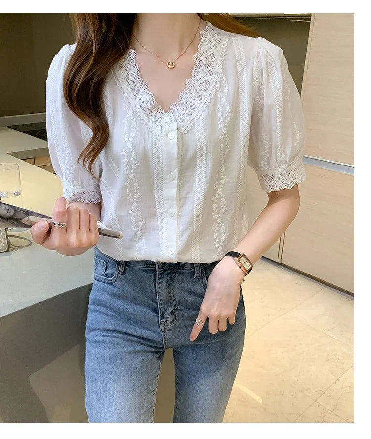 Summer Short Sleeve White Blouse Shirt Women Tops Blusas Verano Lace V-Neck Blouse Women Blouse