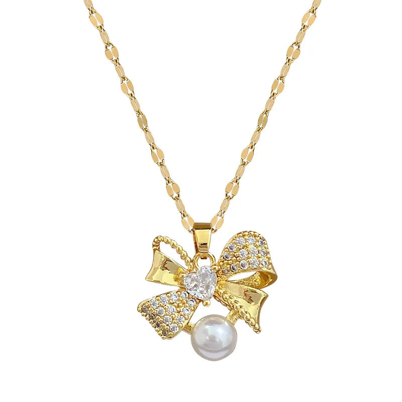 Classic Stainless Steel Gorgeous Pearl Bow Necklace Earrings Fashionable and Exquisite Accessories