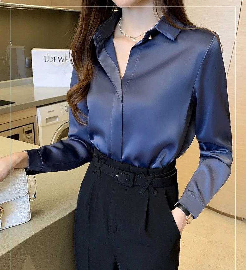 Satin Women Shirt Vintage Long Sleeve Blouse Women Silk Elegant Womens Tops