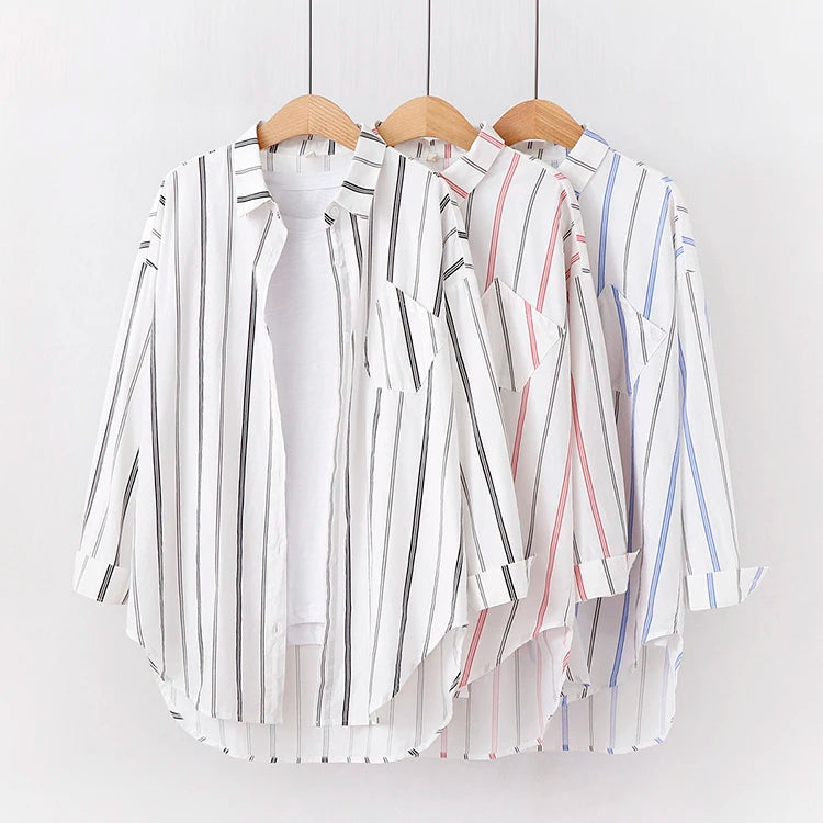 Loose Casual Striped Shirts New Ladies Sweet Simple Style Long Sleeve Print Female Blouse