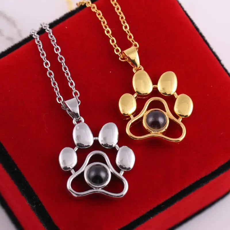 Custom Color Photo Projection Necklace Dog Paw Copper Pendant Titanium Steel Chain